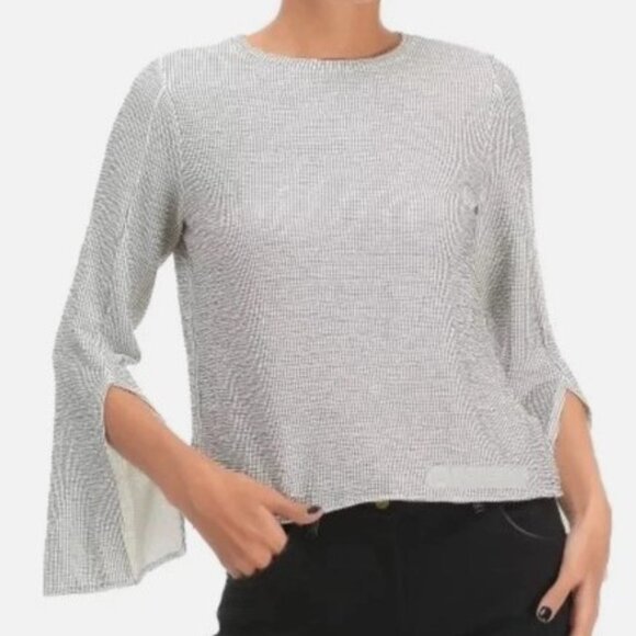 Zara Split Sleeve Puckered Knit Top - White/Black Check - Size M - Picture 3 of 7
